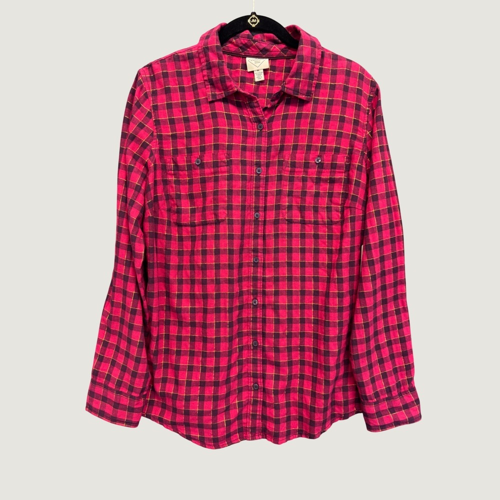 NWT St. Johns Bay Flannel‎ Shirt Burgundy Check Womens Petite L Gold Pink Plaid